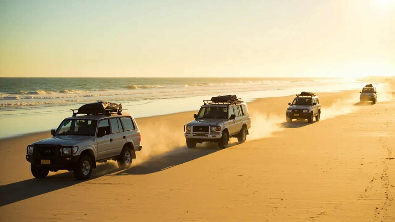 A tag-along convoy of 4WDs on Seventy-Five Mile Beach, Fraser Island — your guide leads from the front vehicle