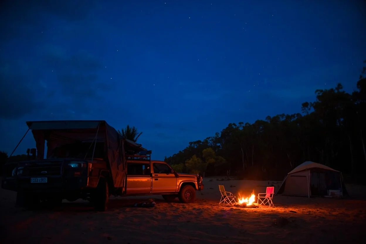 Campfire on Fraser Island beach at night — swag camping under the Milky Way on K'gari