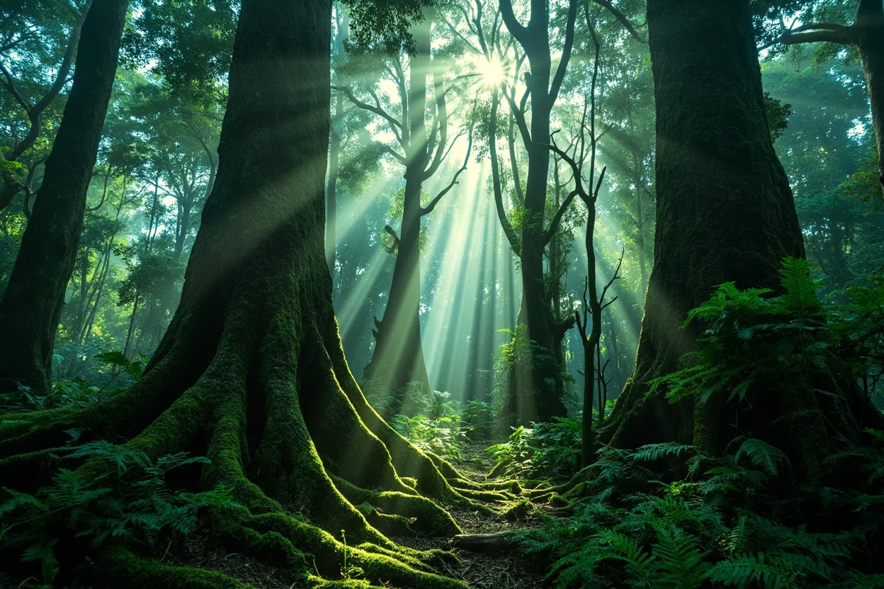 Central Station in the heart of Fraser Island's Satinay rainforest — cathedral-like canopy, old growth trees rooted in sand