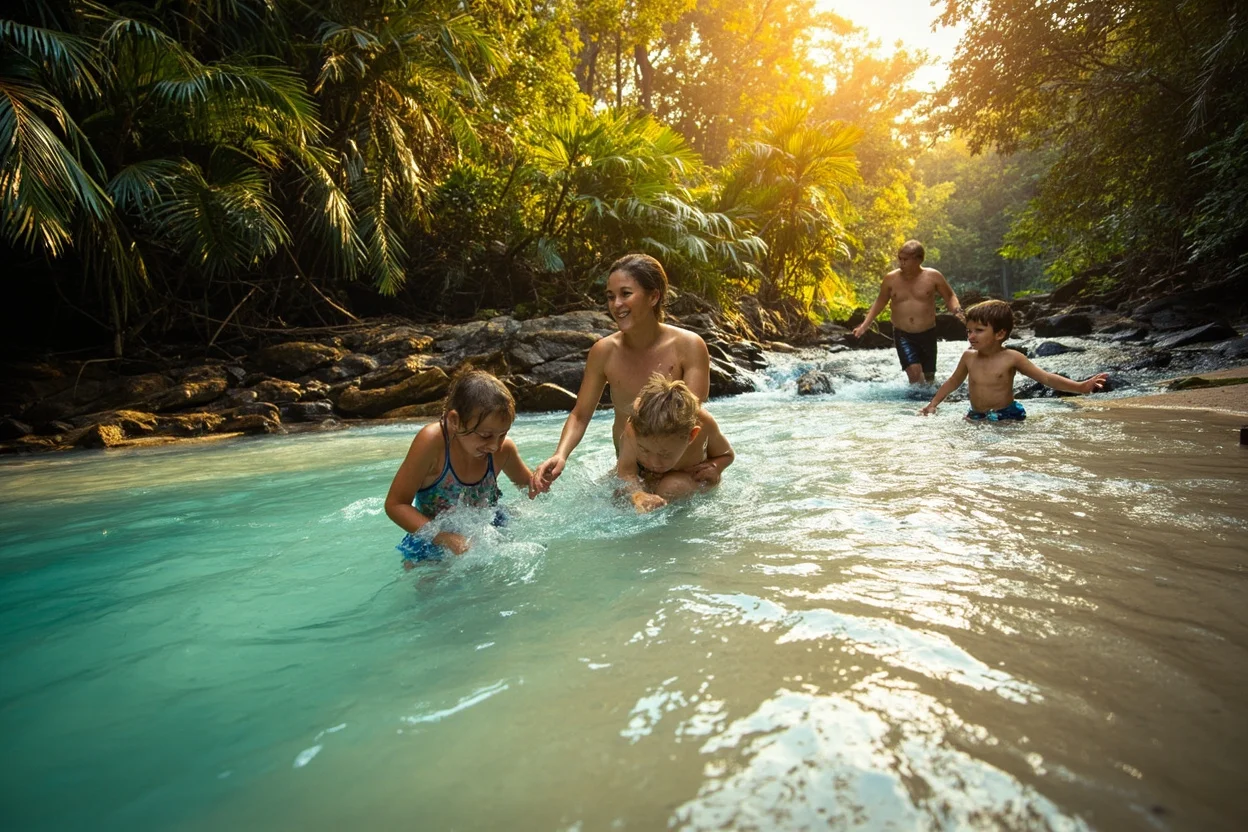 Eli Creek Fraser Island,  clear freshwater stream flowing through paperbark trees toward the ocean