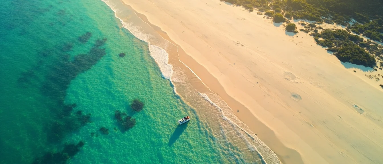 Aerial view of Fraser Island's western beach and the Great Sandy Strait — K'gari's sand and ocean in full context
