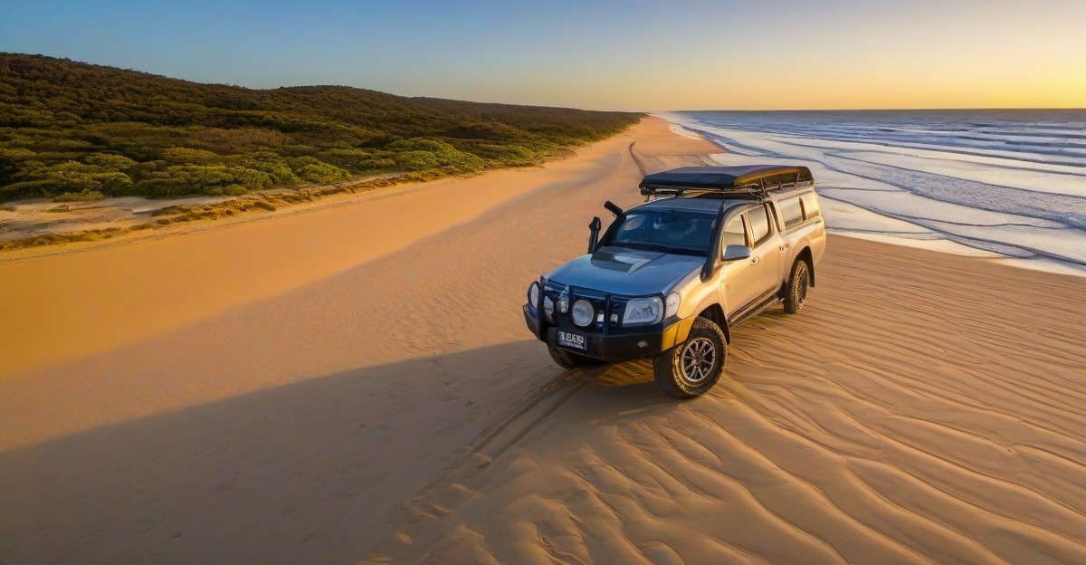 Vehicle tracks on the hard-packed sand of 75 Mile Beach, K'gari, at low tide