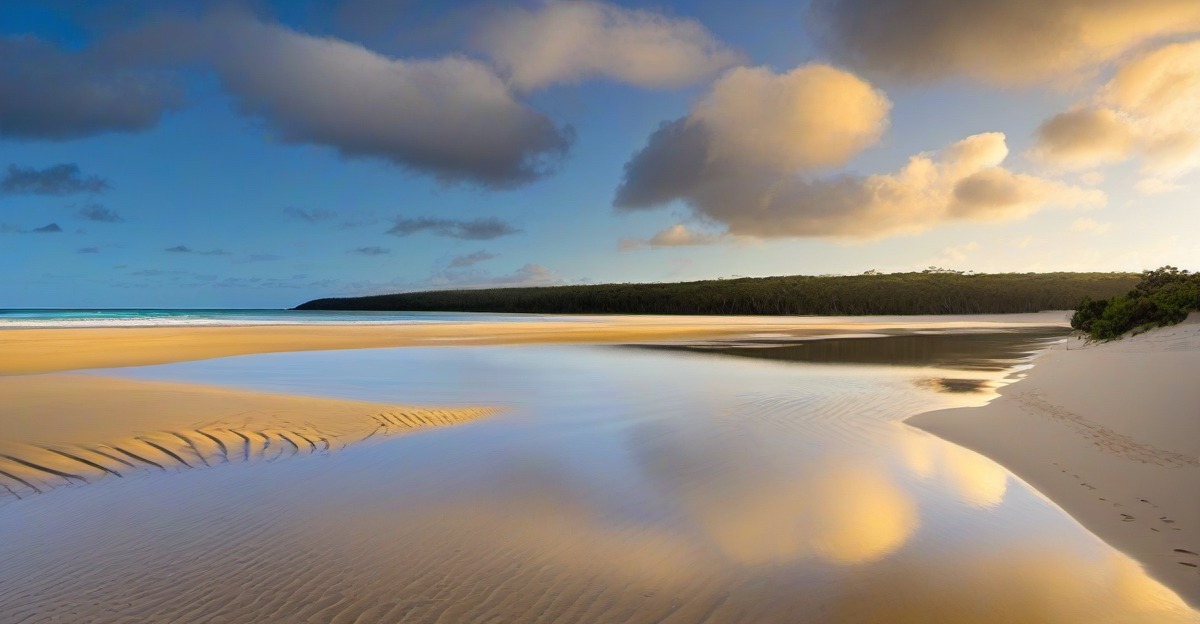 Clear freshwater running out of Eli Creek across the sand toward 75 Mile Beach on K'gari