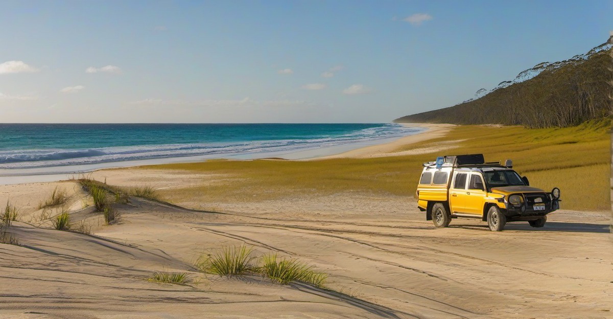 A 4WD convoy on the sand highway at K'gari (Fraser Island), Queensland