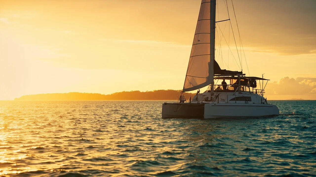 Calm boat at sunset in Hervey Bay, Fraser Island visible on the horizon — the tranquil水面 that makes this stretch of water special