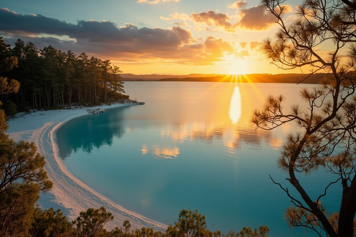 Lake McKenzie at sunset — crystalline white silica sand and tea-tree stained waters on Fraser Island's most photographed lake