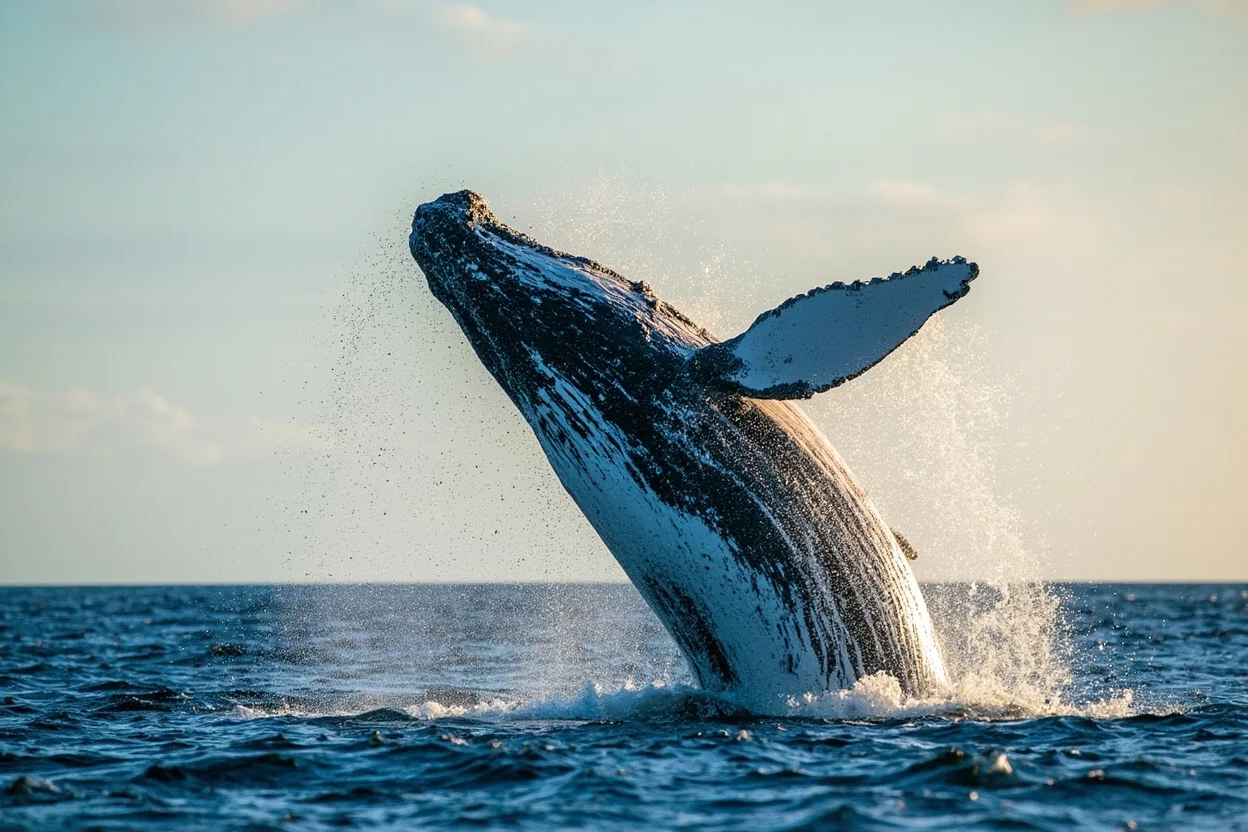 Humpback whale breaching spectacularly in Hervey Bay, Platypus Bay — the dramatic action shot that makes this destination worth the trip